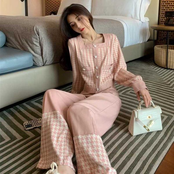 women's two piece pants runway korean suit fall winter kintted single-breasted pink plaid sweater + high waist wide leg 2 set, White
women's two piece pants runway korean suit fall winter kintted single-breasted pink plaid sweater + high waist wide leg 2 set, White