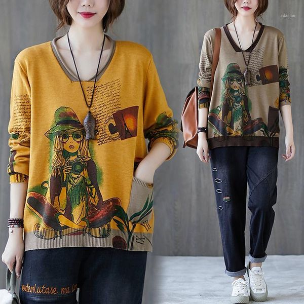 women's sweaters yellow korean pocket cartoons fashion vintage printed womens casual loose knitted pullovers female streetwear jumpers, White;black
women's sweaters yellow korean pocket cartoons fashion vintage printed womens casual loose knitted pullovers female streetwear jumpers, White;black