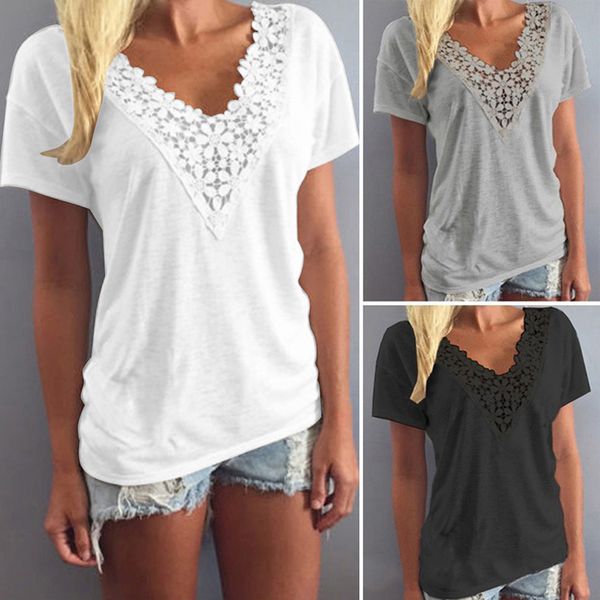 women short sleeve loose t shirt summer ladies casual v-neck tees pure color lace patchwork t-shirt clothes, White
women short sleeve loose t shirt summer ladies casual v-neck tees pure color lace patchwork t-shirt clothes, White