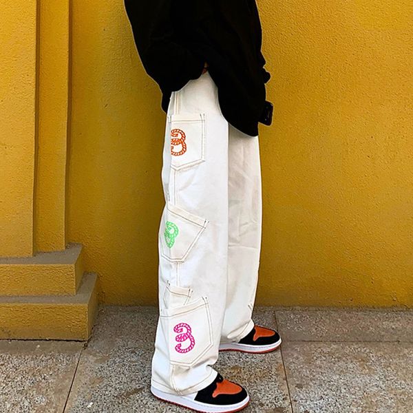 men's pants and girls'retro jeans, pocket print, harajuku style, casual fujg, Black
men's pants and girls'retro jeans, pocket print, harajuku style, casual fujg, Black