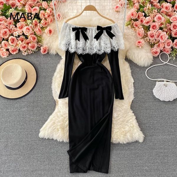 casual dresses 2021 women elegant chic slit victorian dress slash neck long sleeve slim fit elastic lace patchwork simple party, Black;gray