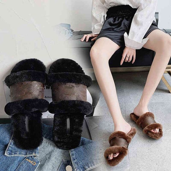 slippers women pu leather slipper autumn winter warm outdoor letter printing slide casual flat slides classic fur shoes 71lz, Black