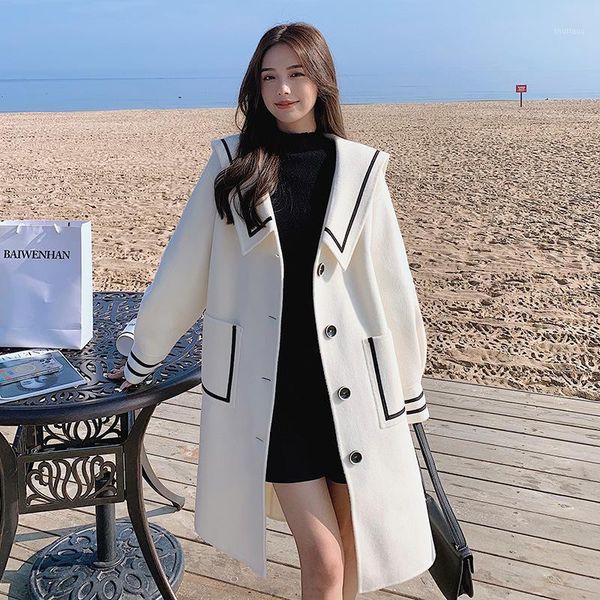 women's wool & blends white winter student navy collar contrast coat college style long woolen jacket, Black 
women's wool & blends white winter student navy collar contrast coat college style long woolen jacket, Black