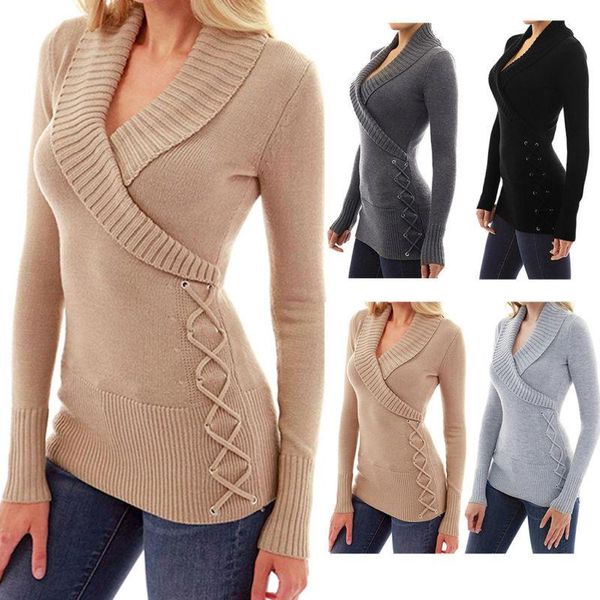 women's knits & tees fashionable front cross v-neck long sleeve pullover knitted sweater, White
women's knits & tees fashionable front cross v-neck long sleeve pullover knitted sweater, White