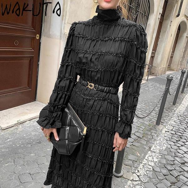 casual dresses wakuta fashion lace midi women flare sleeve highneck sashes dress elegant solid high waist korean chic 2021 arrival, Black;gray
casual dresses wakuta fashion lace midi women flare sleeve highneck sashes dress elegant solid high waist korean chic 2021 arrival, Black;gray