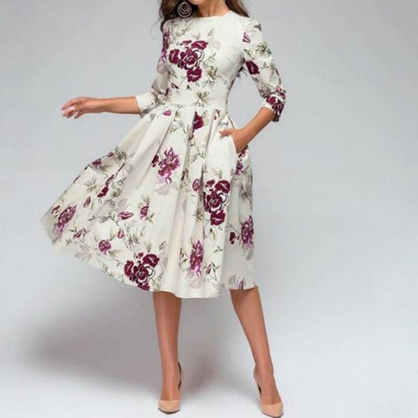 women elegent a-line vintage dresses floral printing party dress round collar three quarter sleeve female with pockets casual, Black;gray
women elegent a-line vintage dresses floral printing party dress round collar three quarter sleeve female with pockets casual, Black;gray