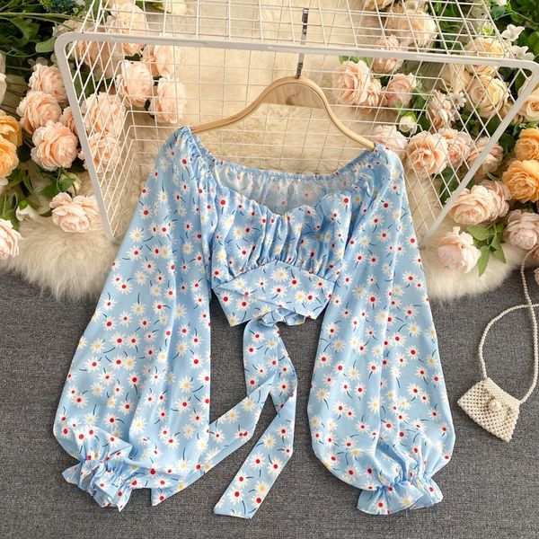 women's blouses & shirts japan sweet blouse print puff sleeve square collar short straps slim fit waist crop women blusa female gx1187, White