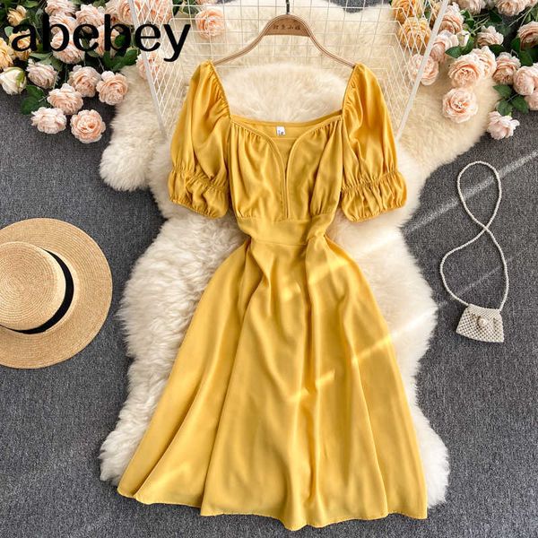 women elegant french dress square collar puff sleeve solid a-line dresses summer korean fashion streetwear short dress 210715, Black;gray
women elegant french dress square collar puff sleeve solid a-line dresses summer korean fashion streetwear short dress 210715, Black;gray