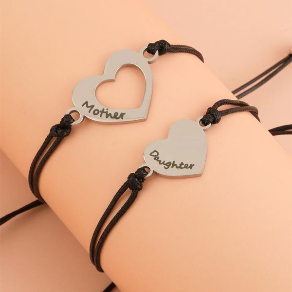charm bracelets 2pcs/set mother daughter stainless steel bracelet femme leather rope chain heart engraved birthday gift, Golden;silver