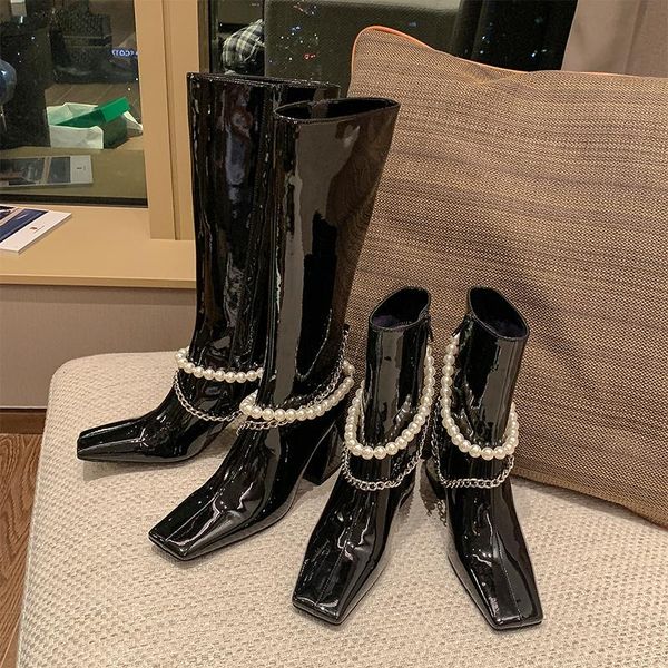 boots brand patent leather pearl chain high women's 2021 square head knight's heels thick short, Black
boots brand patent leather pearl chain high women's 2021 square head knight's heels thick short, Black