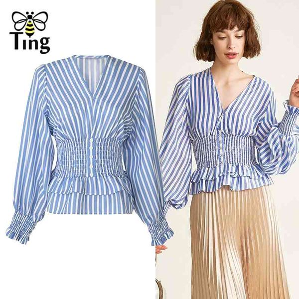 spring summer lantern full sleeve striped blouses casual v neck button elastic waist ruffles female shirts 210513, White
spring summer lantern full sleeve striped blouses casual v neck button elastic waist ruffles female shirts 210513, White