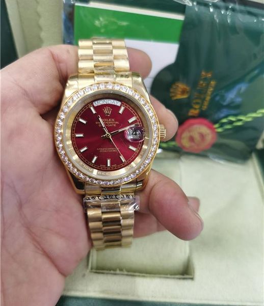 with original box luxury watches 41mm mens 18k yellow gold red dial bigger diamond automatic fashion brand men's watch wristwatch, Slivery;brown 
with original box luxury watches 41mm mens 18k yellow gold red dial bigger diamond automatic fashion brand men's watch wristwatch, Slivery;brown