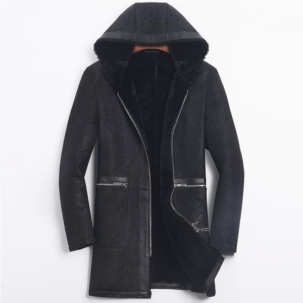 

men's leather & faux jacket men sheep shearling fur coats hooded slim wool coat winter mens windbreaker jaqueta de couro 864 yy509, Black