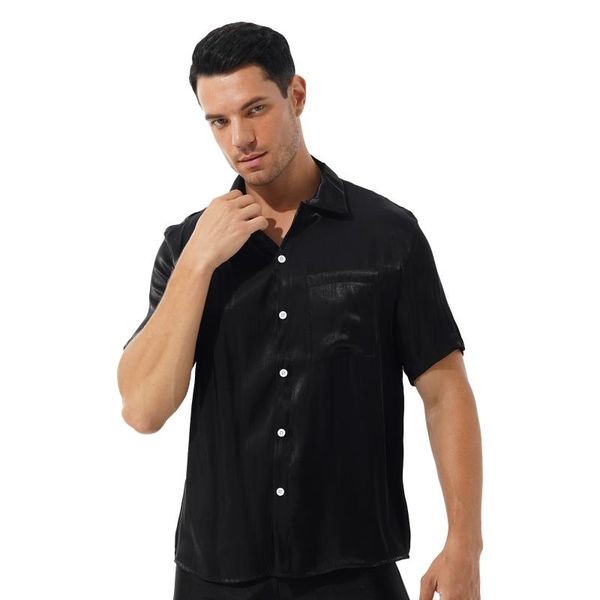 men's casual shirts men fashion glossy turn-down collar short sleeve shirt loose breathable solid color button down with pocket, White;black
men's casual shirts men fashion glossy turn-down collar short sleeve shirt loose breathable solid color button down with pocket, White;black