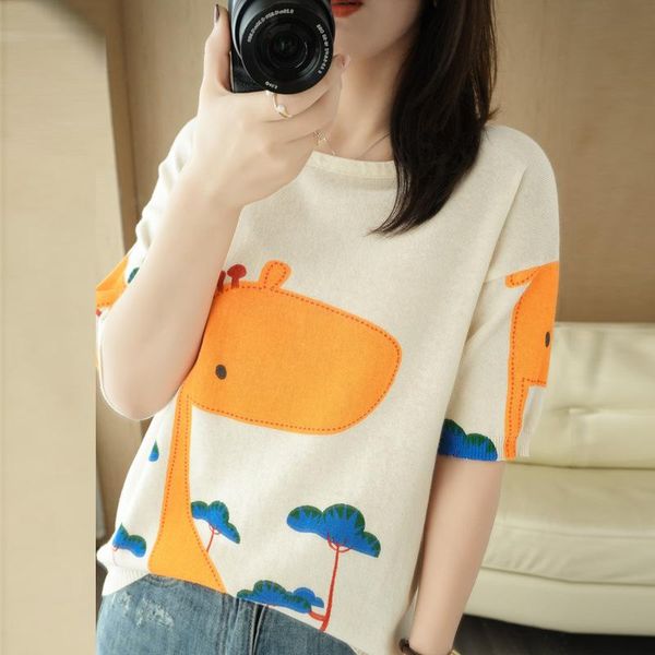 women's t-shirt 2021 spring and summer cotton linen five-point short sleeve sweater printing loose, White
women's t-shirt 2021 spring and summer cotton linen five-point short sleeve sweater printing loose, White