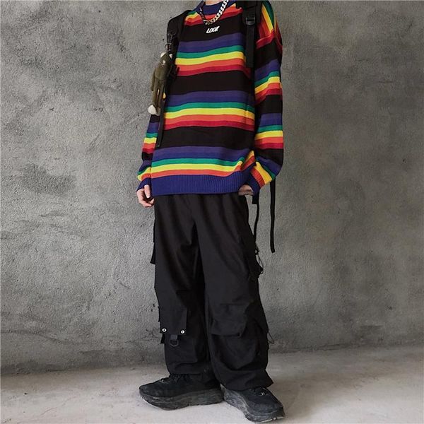 men's sweaters ins rainbow stripe sweater contrasting dark high street with loose round neck, White;black
men's sweaters ins rainbow stripe sweater contrasting dark high street with loose round neck, White;black