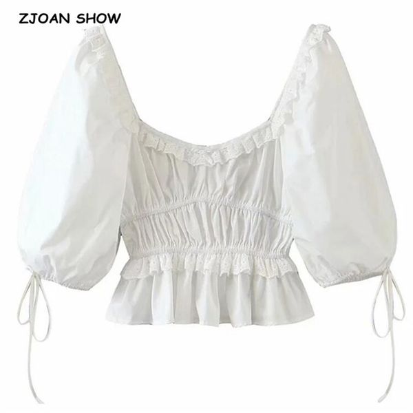 women white wood ears square collar puff sleeve shirt retro elastic ruched slim short blouse summer sweet 210719
women white wood ears square collar puff sleeve shirt retro elastic ruched slim short blouse summer sweet 210719