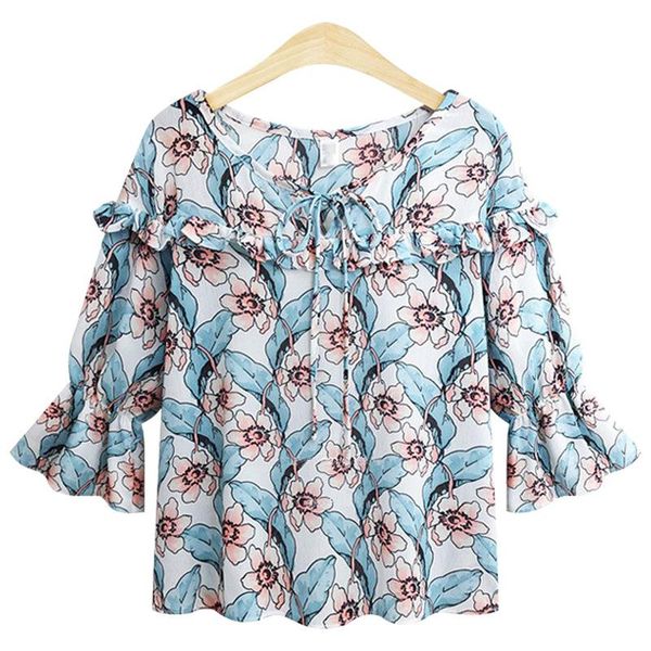 women's blouses & shirts floral chiffon shirt office women western style fresh spring clothes temperament ruffled blouse covering belly, White
women's blouses & shirts floral chiffon shirt office women western style fresh spring clothes temperament ruffled blouse covering belly, White