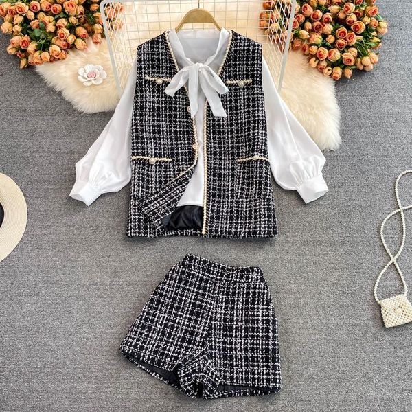 women's tracksuits biker shorts 2 piece set v neck tweed vest coat korean style bow lace up shirt high waist wide leg 3 women, Gray
women's tracksuits biker shorts 2 piece set v neck tweed vest coat korean style bow lace up shirt high waist wide leg 3 women, Gray
