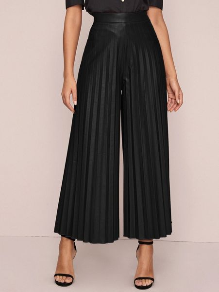 pu leather wide leg pleated pants g5ac#, Black;white