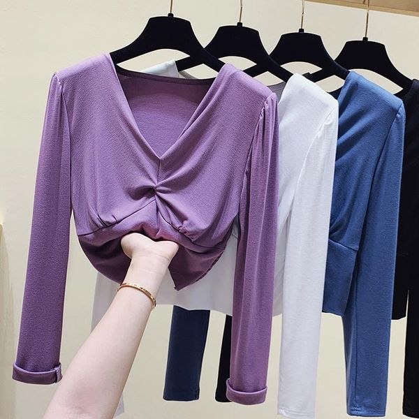 women's t-shirt 2021 long sleeve folds t shirt women autumn slim short female korean cotton tshirt woman clothes tee femme, White
women's t-shirt 2021 long sleeve folds t shirt women autumn slim short female korean cotton tshirt woman clothes tee femme, White