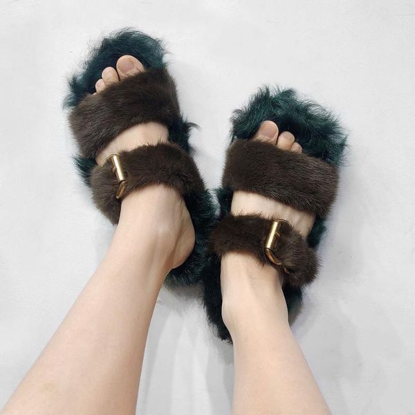 slippers winter warm women real mink slides ladies wool fur fluffy, Black