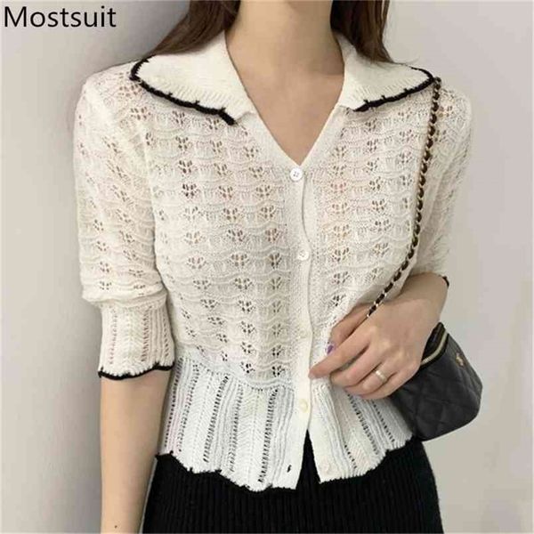 summer knitted hollow cardigan women short sleeve turn-down collar single breasted sweater korean fashion jumpers 210513, White;black
summer knitted hollow cardigan women short sleeve turn-down collar single breasted sweater korean fashion jumpers 210513, White;black