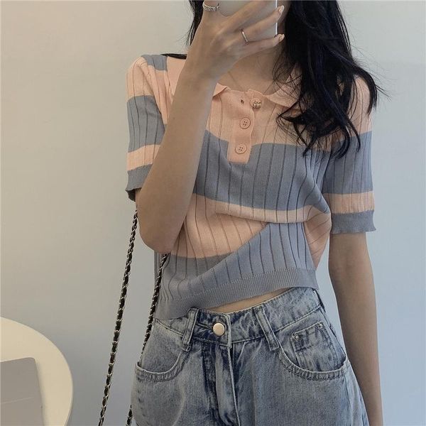 women's polos stripe splicing short sleeve blouse collar sweater t-shirt woman, White
women's polos stripe splicing short sleeve blouse collar sweater t-shirt woman, White
