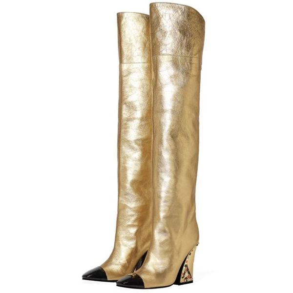 boots gothic style patchwork toe gold women's knee high chunky heel decorations customized big size 45 shoes winter, Black
boots gothic style patchwork toe gold women's knee high chunky heel decorations customized big size 45 shoes winter, Black