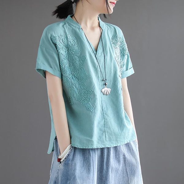 women's t-shirt literary ramie short sleeve women 2021 summer loose vintage embroidery v-neck cotton and linen t-shirts, White
women's t-shirt literary ramie short sleeve women 2021 summer loose vintage embroidery v-neck cotton and linen t-shirts, White