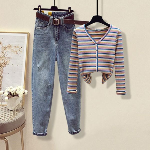 women's two piece pants women 2021 spring autumn suits female striped knitted sweater coats ladies high waist harem jeans two-piece set, White
women's two piece pants women 2021 spring autumn suits female striped knitted sweater coats ladies high waist harem jeans two-piece set, White