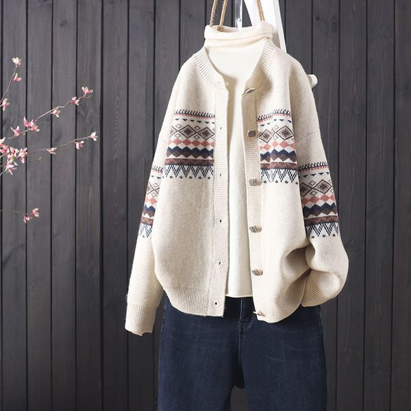 designer luxury brand new retro ethnic style long-sleeved round neck cardigan women&#39s knitted loose sweater all-matc, White;black
designer luxury brand new retro ethnic style long-sleeved round neck cardigan women&#39s knitted loose sweater all-matc, White;black