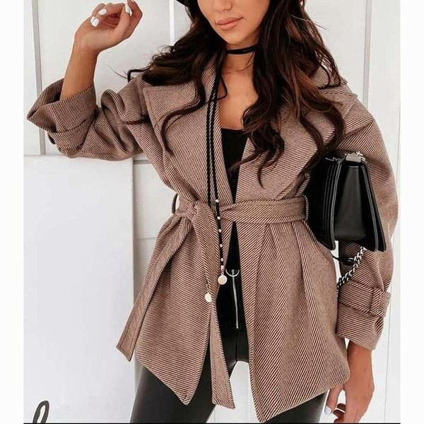 women's wool & blends fashion casual loose notched coats women elegant striped tie belt collected waisted jackets short ladies, Black
women's wool & blends fashion casual loose notched coats women elegant striped tie belt collected waisted jackets short ladies, Black