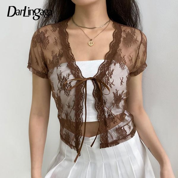 women's t-shirt darlingaga y2k vintage tie front brown lace summer women see through crop tees tshirt 90s aesthetic short, White
women's t-shirt darlingaga y2k vintage tie front brown lace summer women see through crop tees tshirt 90s aesthetic short, White
