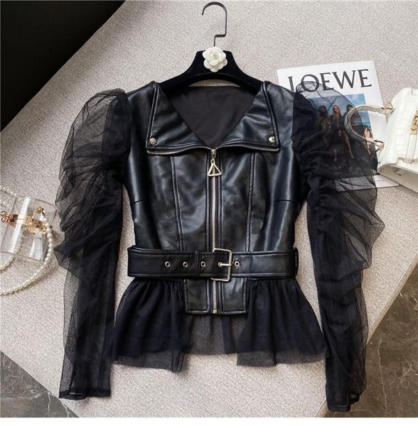 women's jackets leather jacket women 2021 early autumn korean fashion ruffled mesh sleeves stitching pu short coat lady chic black, Black;brown
women's jackets leather jacket women 2021 early autumn korean fashion ruffled mesh sleeves stitching pu short coat lady chic black, Black;brown