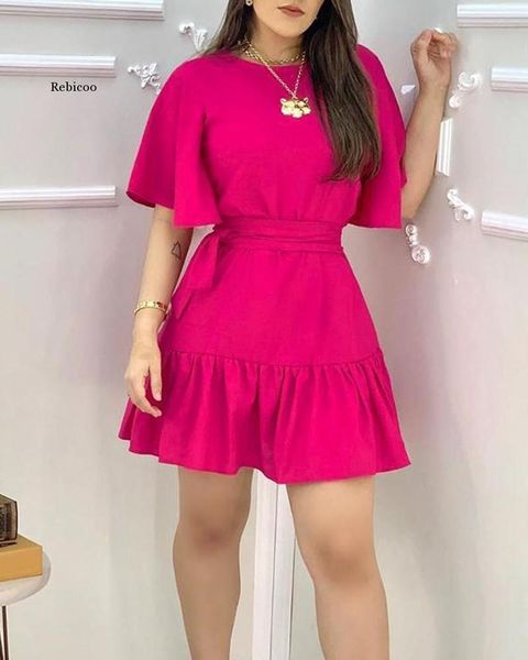 ruffles ruched half sleeve casual dress women solid round neck slim waist flare mini dresses, Black;gray
ruffles ruched half sleeve casual dress women solid round neck slim waist flare mini dresses, Black;gray