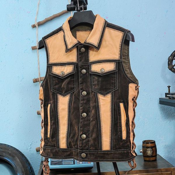 men's vests 2021 light brown motorcycle style genuine leather vest men real sheepskin spring slim fit short splicing biker's embro, Black;white
men's vests 2021 light brown motorcycle style genuine leather vest men real sheepskin spring slim fit short splicing biker's embro, Black;white