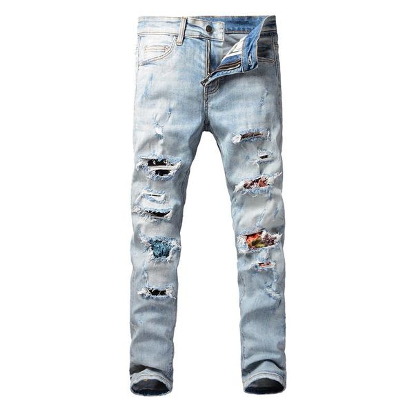 men's jeans european american street fashion men retro light blue slim fit ripped patches designer hip hop denim punk pants
men's jeans european american street fashion men retro light blue slim fit ripped patches designer hip hop denim punk pants