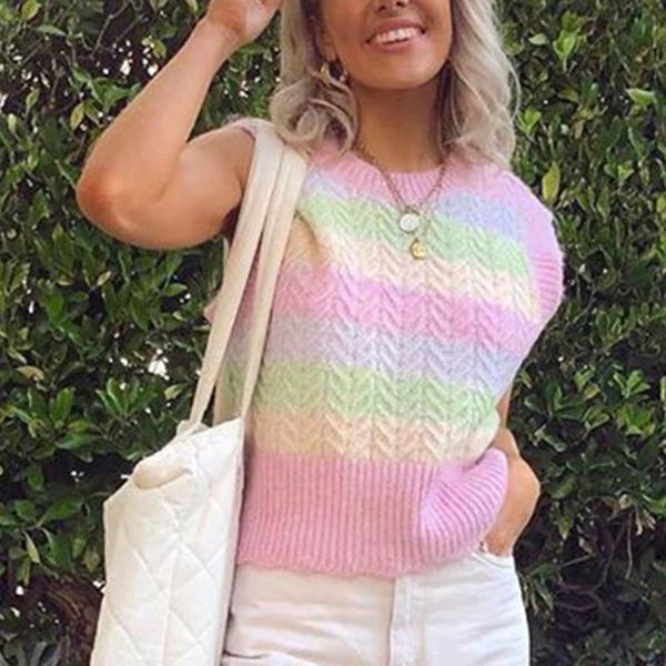women's sweaters sweet rainbow stripe knitwear women sweater vest casual sleeveless autumn pullovers e-girl cropped tank top, White;black
women's sweaters sweet rainbow stripe knitwear women sweater vest casual sleeveless autumn pullovers e-girl cropped tank top, White;black