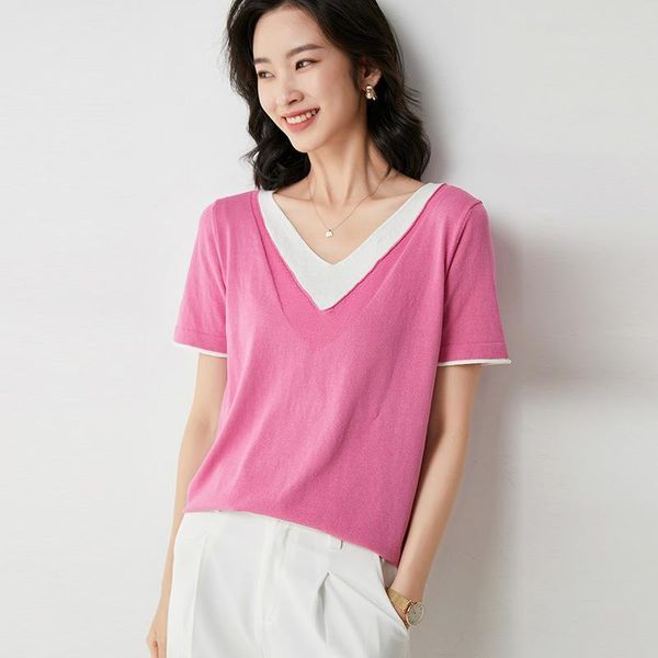 women's t-shirt 2021 v-neck ice silk short loose fake two versatile half sleeve knitted wear, White
women's t-shirt 2021 v-neck ice silk short loose fake two versatile half sleeve knitted wear, White
