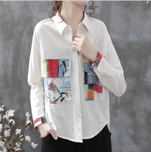 women's blouses & shirts linen women spring retro loose painted pockets single-breasted female fashion tees 2021, White
women's blouses & shirts linen women spring retro loose painted pockets single-breasted female fashion tees 2021, White