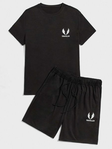 men wings & letter graphic tee & drawstring track shorts s8pk#, Gray
men wings & letter graphic tee & drawstring track shorts s8pk#, Gray