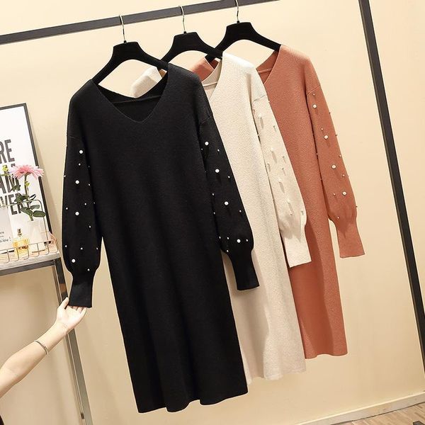 women's sweaters 2021 autumn and winter large size lantern pearl long-sleeved v neck elegant casual sweater long loose knit dress, White;black
women's sweaters 2021 autumn and winter large size lantern pearl long-sleeved v neck elegant casual sweater long loose knit dress, White;black