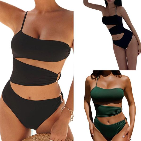 women's swimwear women close-fitting solid color one shoulder sling sleeveless backless hollow metal buckle jumpsuit bathing clothing, White;black
women's swimwear women close-fitting solid color one shoulder sling sleeveless backless hollow metal buckle jumpsuit bathing clothing, White;black