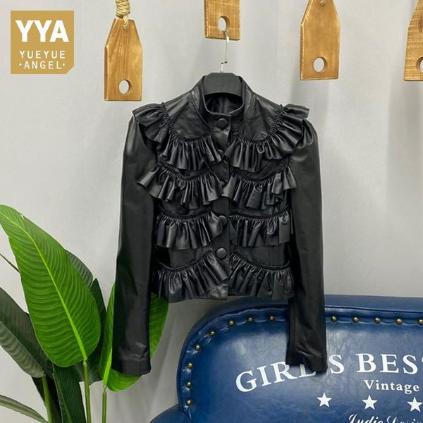 women's leather & faux stand collar pleated ruffles short high waist jacket women real sheepskin cropped coat brand fashion slim jacket, Black
women's leather & faux stand collar pleated ruffles short high waist jacket women real sheepskin cropped coat brand fashion slim jacket, Black