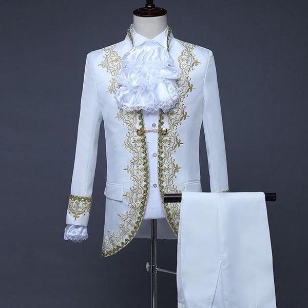 men's suits & blazers 2021 white groom wedding suit retro european drama performance costume slim fit men prom party gold trim jacket p, White;black
men's suits & blazers 2021 white groom wedding suit retro european drama performance costume slim fit men prom party gold trim jacket p, White;black