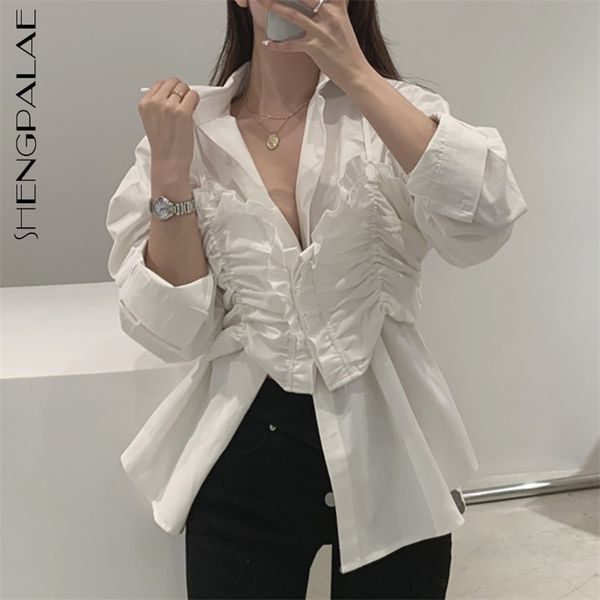 fake two piece blouse women's spring lapel single breasted pleated sling stitching long sleeve shirt 5b651 210427, White 
fake two piece blouse women's spring lapel single breasted pleated sling stitching long sleeve shirt 5b651 210427, White