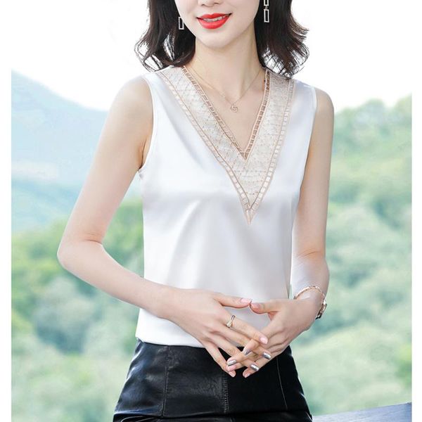 women's blouses & shirts ggright women lace v neck 2021 summer fashion silk blouse sleeveless blusa feminina cool tees plus size 4xl, White
women's blouses & shirts ggright women lace v neck 2021 summer fashion silk blouse sleeveless blusa feminina cool tees plus size 4xl, White