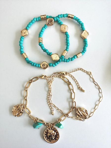 gold plating casual bracelet with turquoise stones and coin charms charm bracelets, Golden;silver
gold plating casual bracelet with turquoise stones and coin charms charm bracelets, Golden;silver