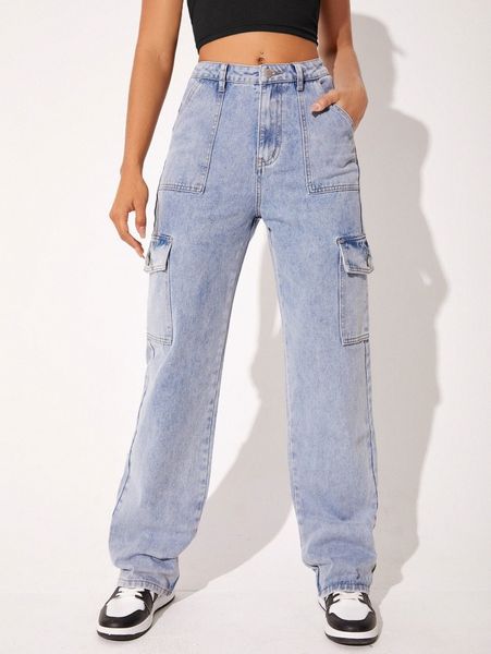 high waist flap pocket side jeans d8dm#, Blue